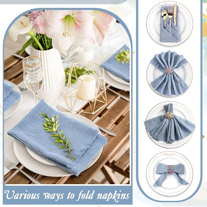 48 Pcs Cotton Linen Cloth Napkins with Fringe 16.5 x 16.5 Inch Square Rustic Dinner Linen Napkins Bulk for Wedding Party Banquet Dinner(Dusty Blue) - Image 4