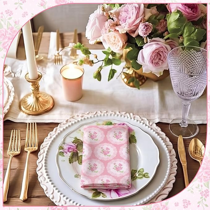 12 Pcs Floral Cloth Napkins 6 Patterns Washable Dinner Tea Party Napkins Reusable Plant Flowers Square Napkin Cotton Towel Decorative for Summer Wildflower Party(Pink Flowers) - Image 5