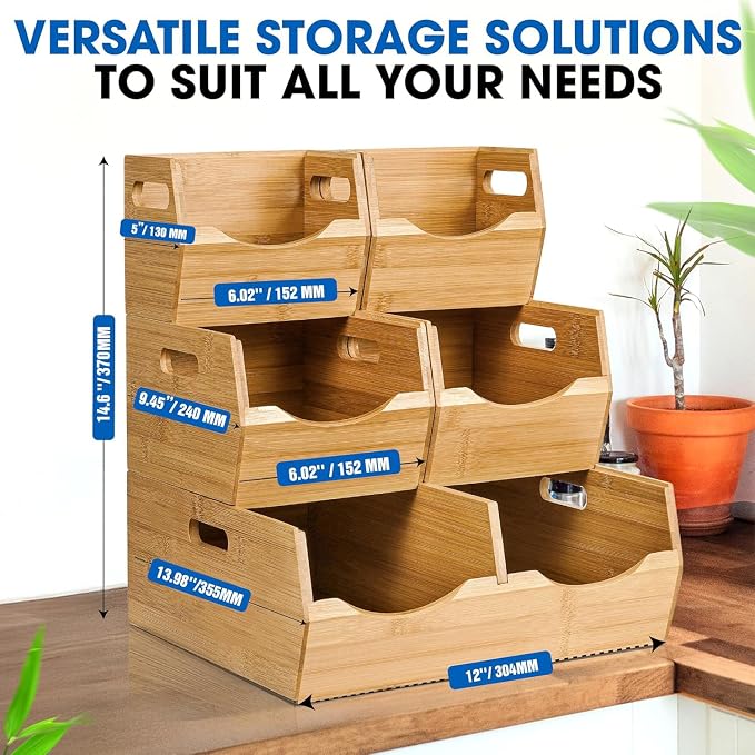 3-tier Stackable Bamboo Pantry Storage Bins, Potato & Onion Storage Baskets | Upgraded Storage Basket with Handles, Removable Divider, Natural Pantry Organizer Holder for Kitchen, Cabinet, Fruit Storage - Image 5