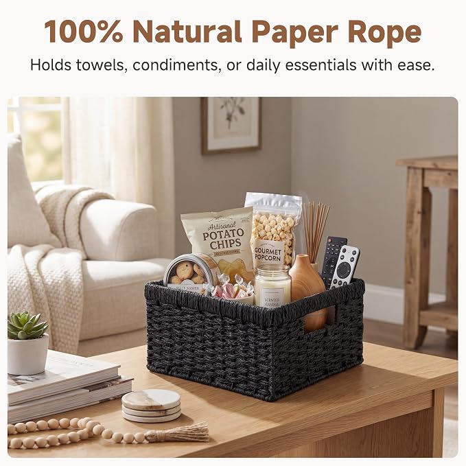 StorageWorks Wicker Baskets with Handles, Paper Rope Black Baskets, 2-Pack | Wicker Storage Baskets for Organizing, Wicker Storage Baskets for Shelves, Pantry Organizers and Storage,Black Wicker Baskets - Image 4