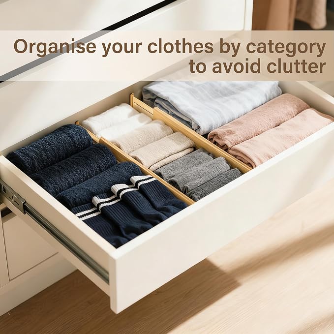 Adjustable Bamboo Drawer Dividers of 8, Expandable Organizers (16.9"-22.2") | Spring-Loaded Kitchen Drawer Organizer, Non-Slip Ends, 2.2" High, Easy Setup & Clean, for Kitchen, Dresser, Clothes, Bath - Image 6
