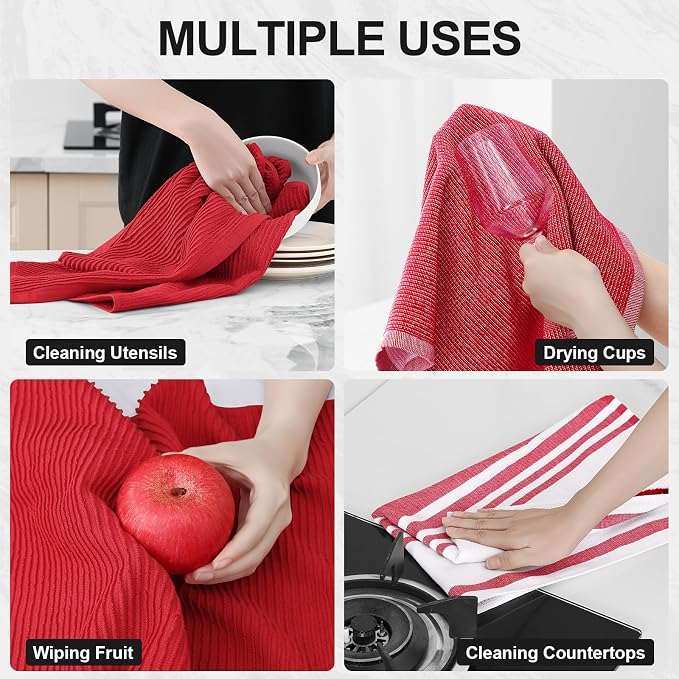 Homaxy Cotton 380 GSM Premium Kitchen Towels, 18"x 28", 9 Pack, Red | Soft and Absorbent Terry Dish Towels, Multipurpose Tea Towel Set with Hanging Loop, 3 Styles Kitchen Hand Towels - Image 4
