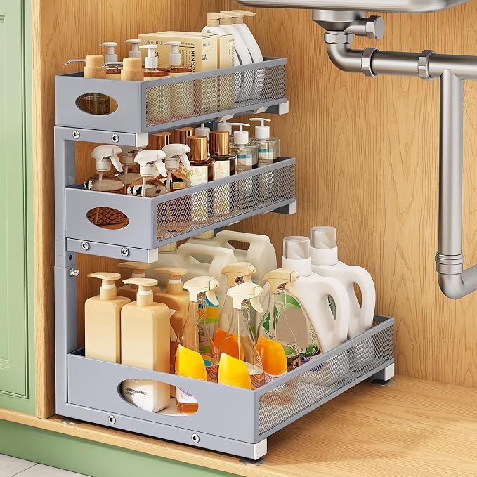 Kitstorack Under Sink Organizer 3-Tier Slide Out Drawer 1-Pack Grey | Height Adjustable, Metal Mesh Storage Rack, Pull out Cabinet Organizer Shelf for Bathroom Kitchen Pantry Home Organization by Kitstorack