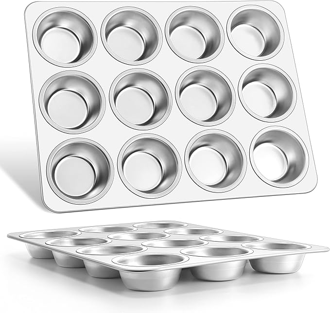 E-far Muffin Pan 12-Cup, 2-Pack Stainless Steel Cupcake Pan for Oven | Non-Toxic Metal Muffin Tins for Baking Muffins & Cupcakes, Regular Size & Easy Clean, Dishwasher Safe by E-far