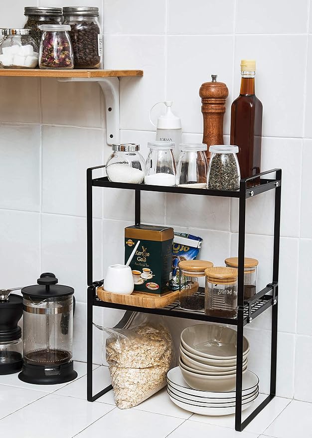 Shantton 2pk Kitchen Cabinet Shelf Counter Organizer Rack Pantry Storage Bathroom Bedroom Office Table Desk Space Saving Steel Frame Stackable Rust Resistant Non Slip Black-Tall-L13in W8.3in H9.5in | 2-Pack Stackable Metal Riser Holds 40LBS with Non-Sl... - Image 6