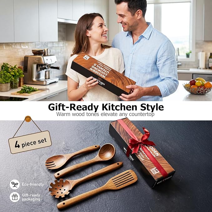 Wooden Spoons for Cooking, 4-Piece Teak Wood Kitchen Utensil Set, Nonstick Safe Wooden Cooking Utensils-Includes Soup Ladle, Pasta Spoon, Slotted Spoon, Salad Fork, for Everyday Meals(A04) - Image 9