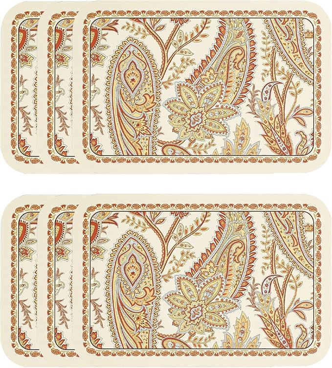 Designer Paisley PVC Placemats Set of 6,Classic Pattern Yelllow Rectangular Placemat, Waterproof and Heat-Resistant Paisley Style, Decoration for Kitchen, Party,Dinning,New Year,12"*17" by Isaennehomedecoration