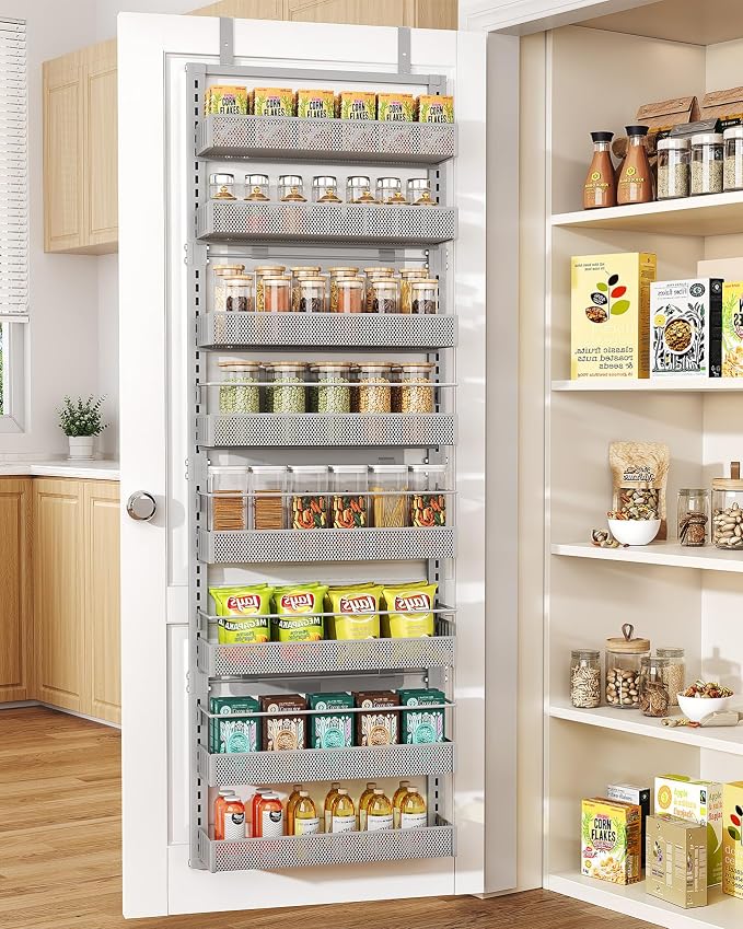 SNTD 8 Tiers Over the Door Organizer, 17" W x 6" D x 69" H, Grey | Pantry Door Organizers and Storage, Height Adjustable Spice Rack, Dense Mesh Baskets, Anti-Swing, Adjustable Door Fastener by SNTD
