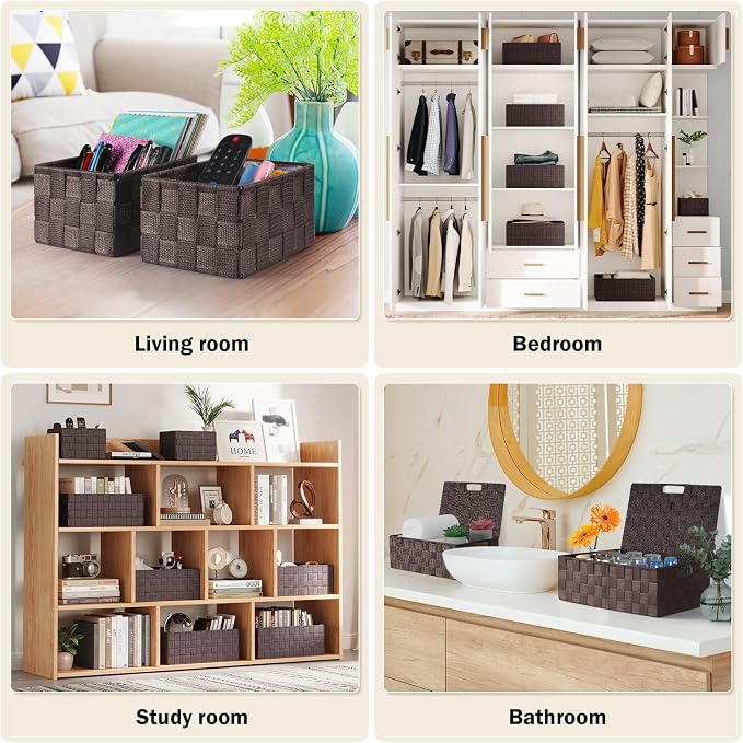 Storage Baskets with Lids: 5 Pack Stackable Woven Storage Bins, Brown | Decorative Woven Baskets for Organizing with Built-In Handles for Shelves, Closets, Cabinets and Cubbies, Gift Small Basket - Image 6