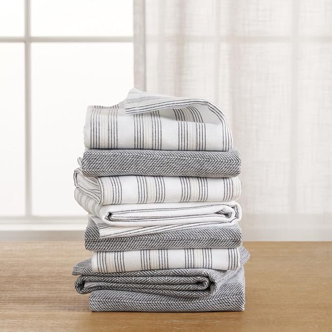 KitchenAid Chambray Stripe Kitchen Towels 8-Pack, Absorbent 100% Woven Cotton, Matte Black/White, 17”x28” - Image 5