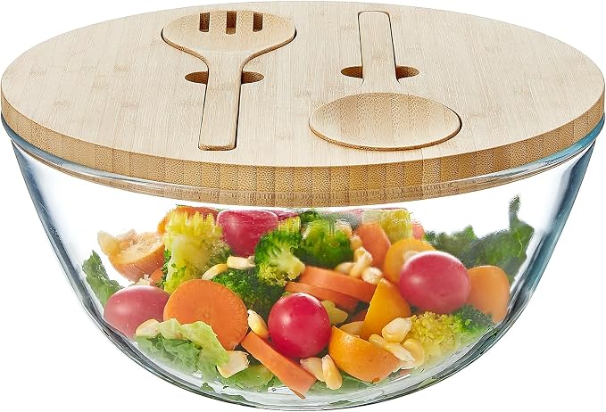 JOYMAY Glass Salad Bowl, 10.7inch Salad Bowl with Lid Thick Glass Mixing Bowls Serving Bowls, 4.7 Quart Large Salad Bowls with Bamboo Utensils, Trifle Bowl Fruit Bowl for Salad, Pasta, Microwave Safe - Image 9