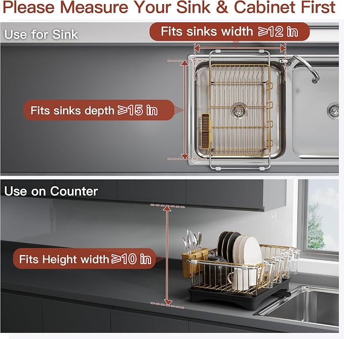JASIWAY Gold Dish Drying Rack in Sink with Drainboard and Utensil Holder | Use Over the Sink or Counter, Stainless Steel Expandable Dish Drainer for Small Kitchen, Space Saving, Fast Drain, Rustproof - Image 3