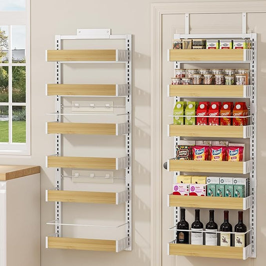 POKIPO 6 Tier Over The Door Pantry Organizer, 2-in-1 Door Hanging or Wall Mounted Spice Rack, Large Heavy Duty Pantry Door Storage Seasoning Shelves with Adjustable Basket for Kitchen Bathroom Closet by POKIPO