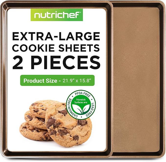 NutriChef 2-Piece Nonstick XL Cookie Sheets for Baking - 22" x 16" Stackable Extra Large Baking Sheet - Carbon Steel Baking Pans, PFOA, PFOS, PTFE Free- NCLGBP28 by NutriChef%E2%84%A2Kitchen