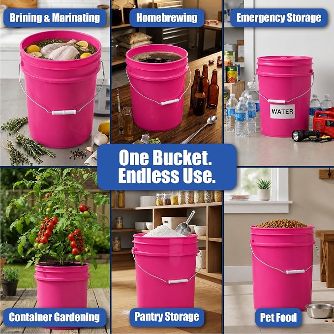 5 Gallon Bucket - Food Grade Bucket with Airtight Gasketed Tear Strip Lid, BPA-Free, Heavy-Duty 90 Mil HDPE Plastic Pail, Bulk Storage, Durable Container, Made in USA - Pink, 6 Packs | Airtight Gasketed Tear Strip Lid, Heavy-Duty 90 Mil HDPE Plastic Pa... - Image 3