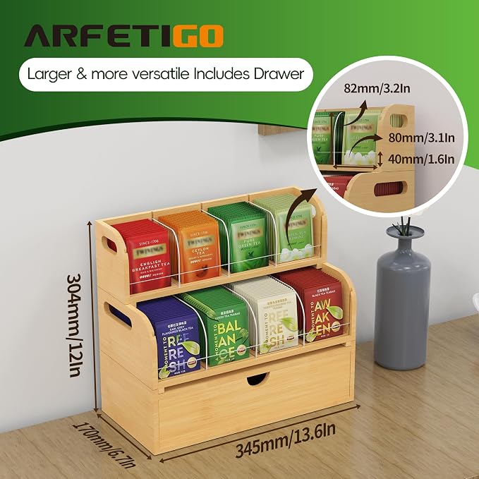Bamboo Tea Organizer – Stackable Collection (2Tier w/Drawer) - Image 2