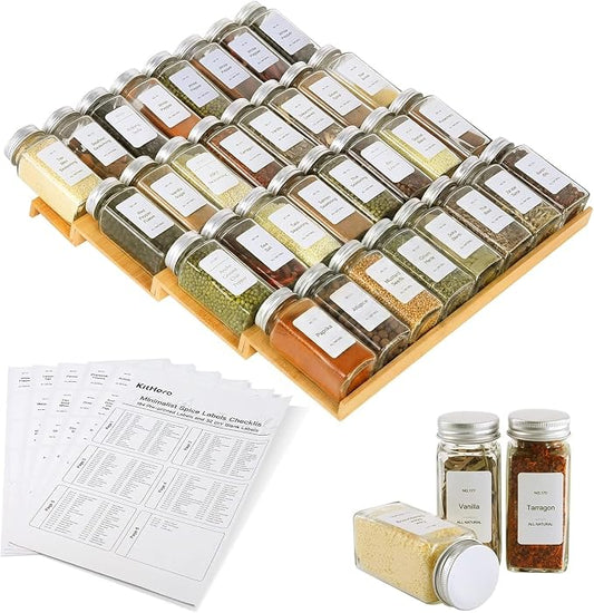 Spice Drawer Organizer with 35 Spice Jars,216 Labels,25 Non-slip Rubber, Bamboo 4 Tier Seasoning Rack Tray Insert for Kitchen Drawers,Cabinets,Countertop,14.6" Wide x 15.8" Deep by KitHero