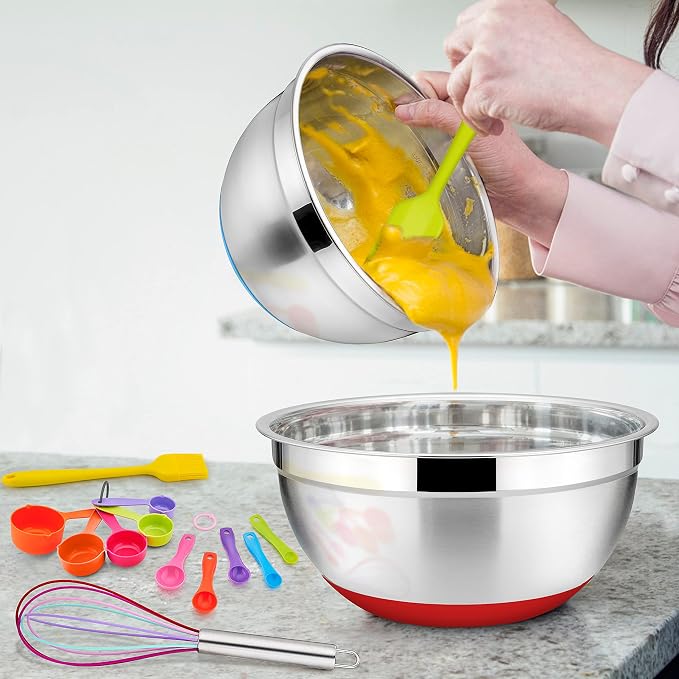 22-Piece Mixing Bowls with Lids & Accessories Set, E-far Stainless Steel Nesting Bowls with Colorful Covers & Non-Slip Bottoms, Metal Bowls for Cooking/Baking/Serving/Storage - Size 7/3.5/2.5/1.5/1 QT - Image 4