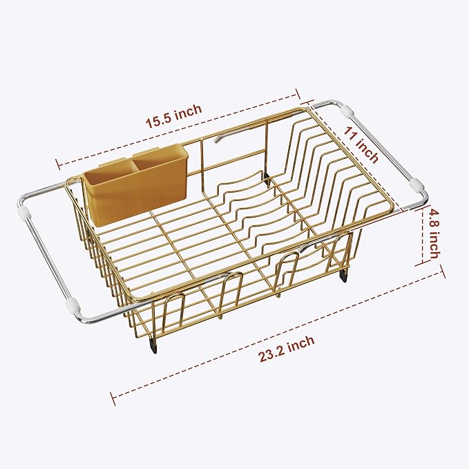 JASIWAY Gold Dish Drying Rack in Sink, Dish Drainer with Utensil Holder | Over The Sink Expandable Stainless Steel Strainer Dryer Rack for Small Kitchen, Counter Space Saving, Fast Drain, Rustproof - Image 7