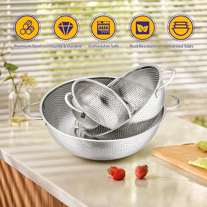 E-far Mixing Bowls with Lids Set of 3 with Stainless Steel Colander Set of 3, Nesting Bowls for Baking and Prepping, Micro-Perforated Colander Strainer for Kitchen/Draining Pasta/Rinsing Vegetables - Image 6