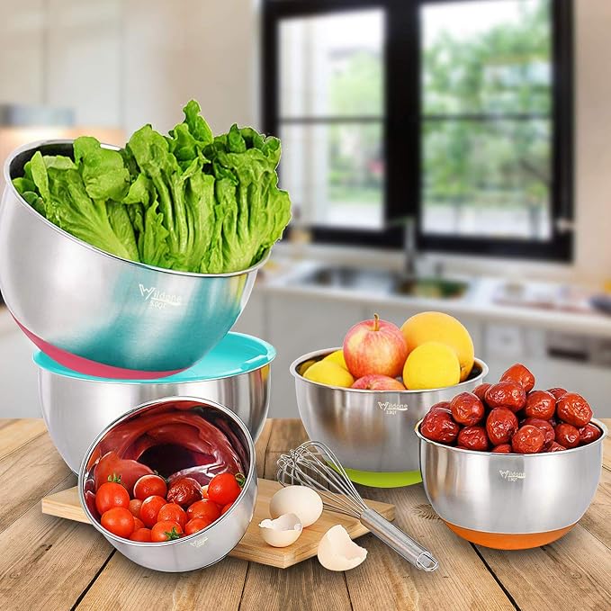 Wildone Mixing Bowls with Airtight Lids Set, 5PCS Stainless Steel Nesting Bowls for Kitchen, with Grater Attachments & Non-Slip Bottoms, Size 5, 3, 2, 1.5, 0.63 QT, for Baking & Serving (Colorful) - Image 4