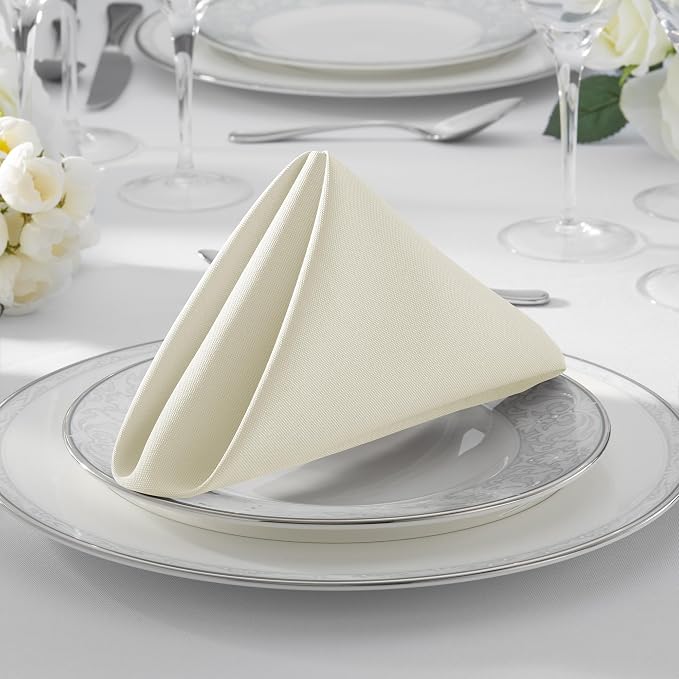 Lann's Linens Set of 12 Cloth Dinner Napkins, 17-inch Polyester Napkins, Washable and Reusable Fabric for Weddings, Hotels, Restaurants - Ivory - Image 7