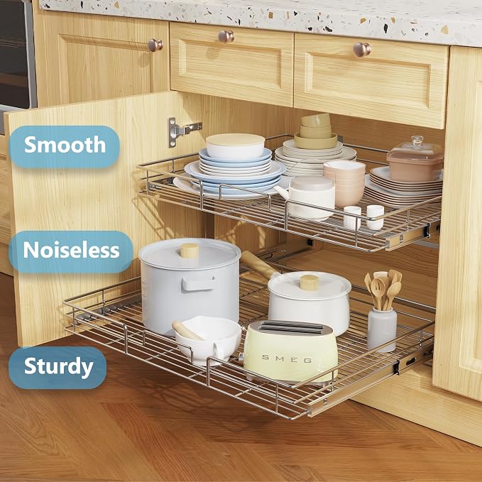 LOVMOR Individual Pull Out Cabinet Organizer, 2 Tier Slide Out Cabinet Drawers, Pots and Pans Organizer and Storage Pantry Shelf for Kitchen (30" W x 21½" D) - Image 2