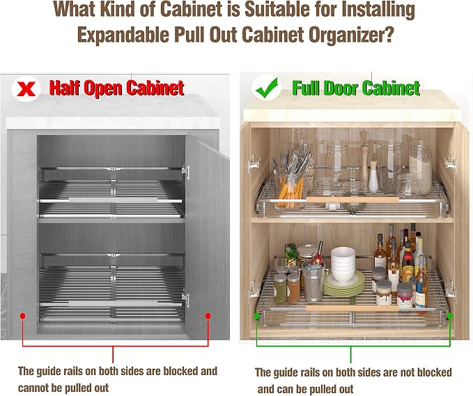 Pull Out Cabinet Organizer, 23~39.8" W x 22.5" D, 2 Pack | Expandable Pull Out Shelves for Kitchen Cabinets, Heavy Duty Stainless Steel Slide Out Pantry Shelves Sliding Shelf for Home - Image 3