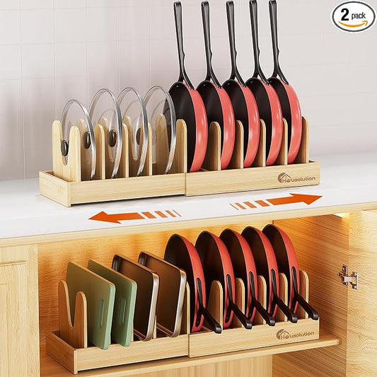 Housolution 2 Pack Bamboo Pot and Pan Lid Organizer Holder Storage Rack | 15"-29" Expandable, 10 Adjustable Dividers, Upgrade Solid Wooden Base, Easy Assembly by Housolution