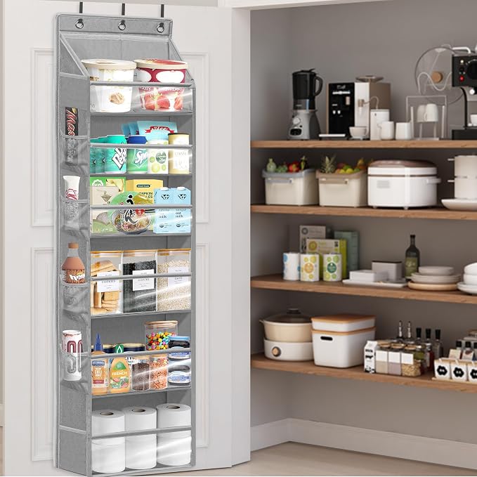Over Door Organizer with 6 Extra Large Pockets 12 Side Pockets, Sturdy Closet Storage Rack, Hanging Storage Organizer with Clear Window for Shoes, Diapers, Bedroom, Bathroom, Grey - Image 7