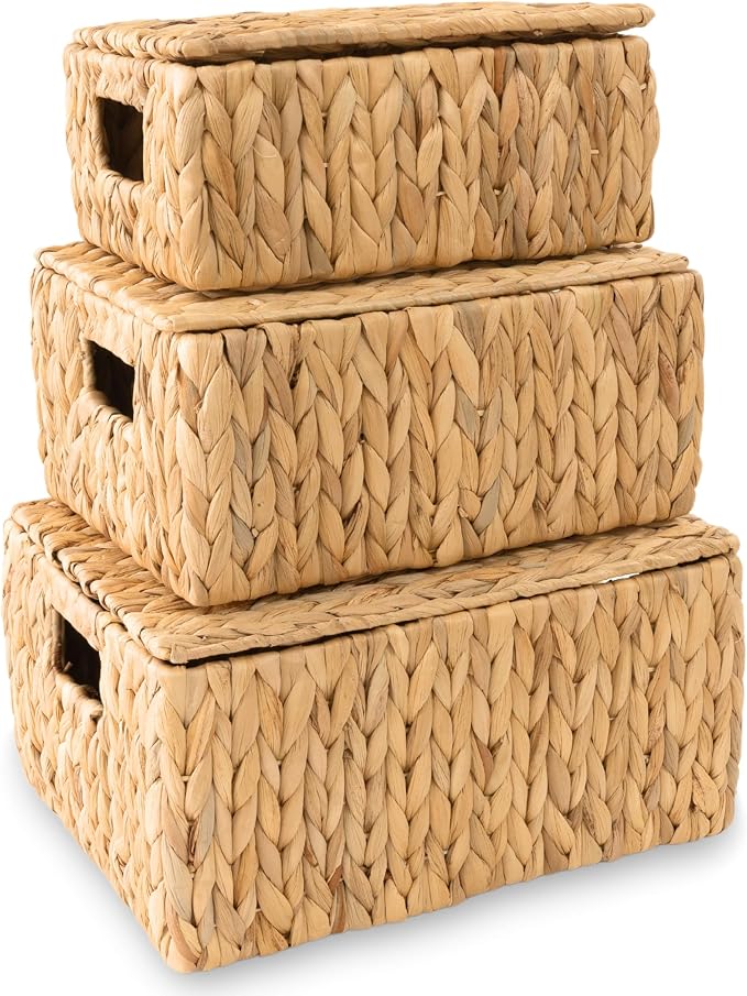 Wicker Storage Baskets with Lid, Set 3 Basket With Lid Decorative Storage Rectangle Wicker Storage Basket Large Rattan Storage Box Hyacinth Baskets - Image 6