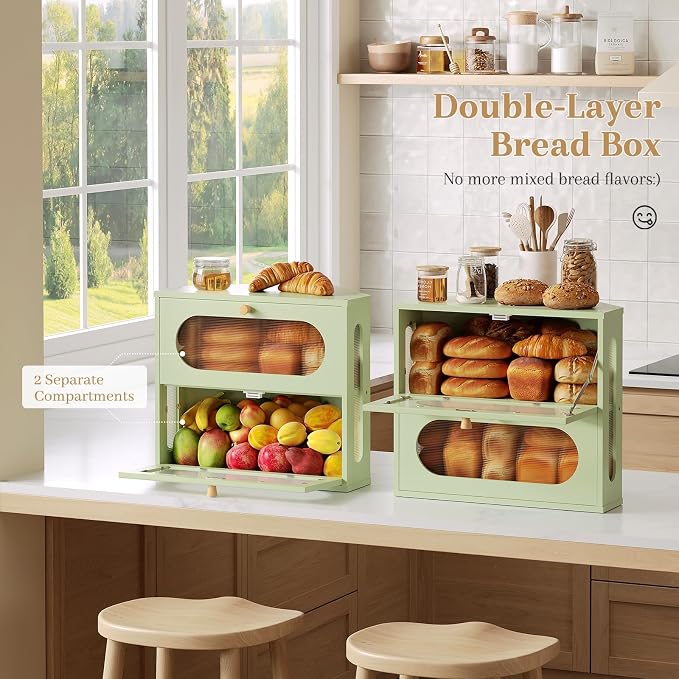 Corner Bread Box for Kitchen Countertop, 2026 New Double Layer Bamboo Bread Storage Bin, Large Bread Container for homemade bread (Green) - Image 4