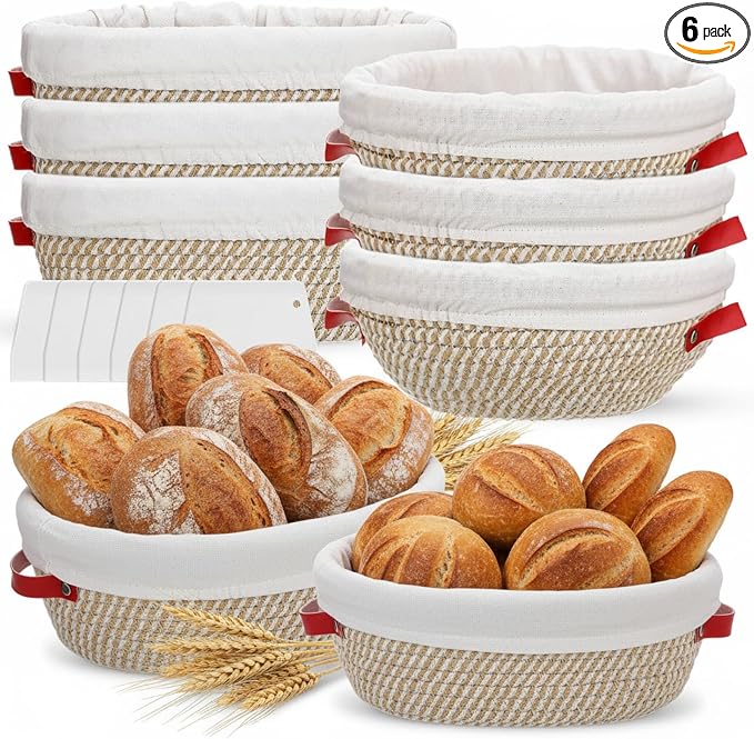 Gejoy 6 Set Cotton Rope Banneton Bread Proofing Basket with Cloth Liner and Plastic Scraper Banneton Dough Sourdough Proofing Bowls Kit for Home Sourdough Bakers (Round, Oval, 9'', 10'') by Gejoy