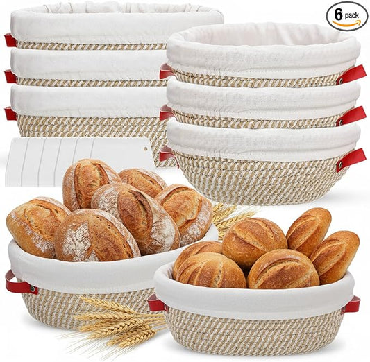 Gejoy 6 Set Cotton Rope Banneton Bread Proofing Basket with Cloth Liner and Plastic Scraper Banneton Dough Sourdough Proofing Bowls Kit for Home Sourdough Bakers (Round, Oval, 9'', 10'') by Gejoy