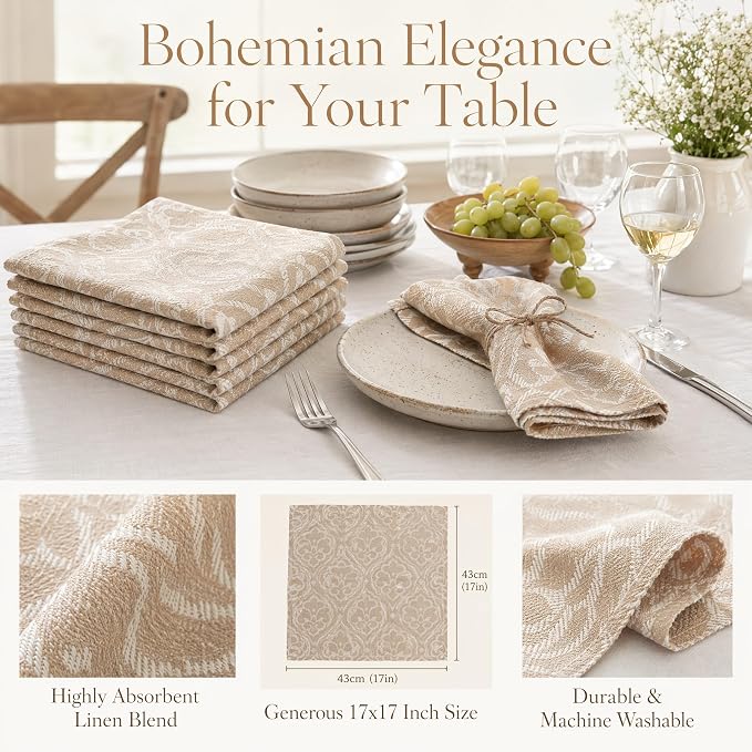 17x17 Beige Elephant Cloth Napkins Set of 6 Washable Boho Decor | Love bohemian style? These 17x17 washable beige elephant pattern napkins bring an exotic, chic vibe to daily meals. - Image 2