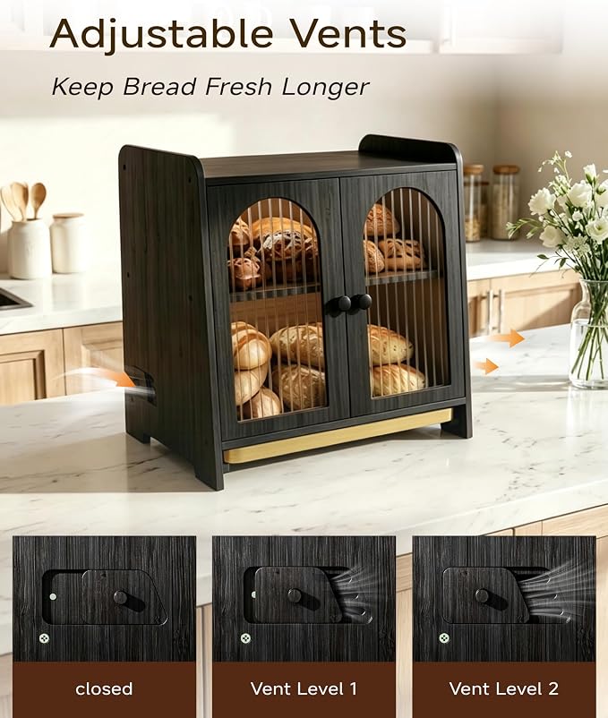Bread Box for Kitchen Countertop, Large Double Layer Wooden Bread Storage Container with Acrylic Window, Adjustable Air Vents & Built-In Cutting Board, Pantry Organizer, Black - Image 4