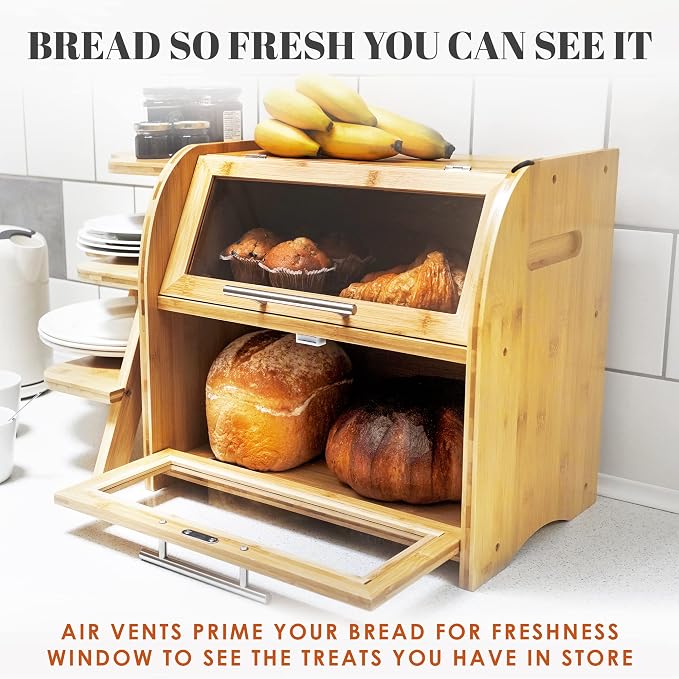 Arise Bamboo Wooden Bread Box for Kitchen Countertop, Extra Large 2-Shelf | Bread Storage Container with Clear Windows & Air Vents, Bread Bin & Keeper, Keeps Bagels, Rolls & Buns Fresh, Self Assembly - Image 2