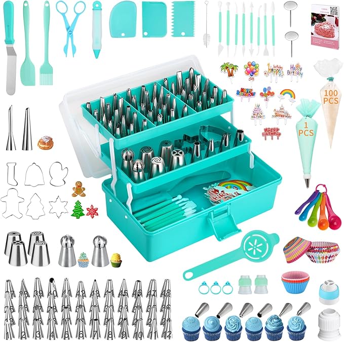 Cake Decorating Supplies Tools Kit: 358 pcs Baking Accessories with Storage Case - Piping Bags and Icing Tips Set - Puffs Christmas Cookie Cutters Cupcake Set for Beginners or Professional, Mint Green by AUKOW