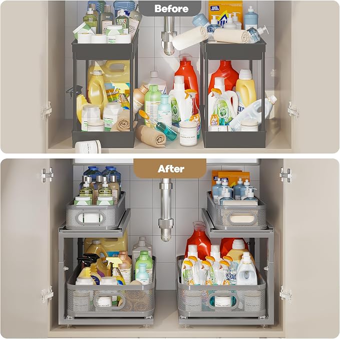 2 Pack 21IN-Depth Under Sink Organizer With Next-Gen Ball-Bearing Slides,2-Tier Precision Mesh Pull Out Cabinet Storage for Bathroom&Kitchen,Height Adjustable Drawers Shelf,Anti-rust-Grey - Image 6