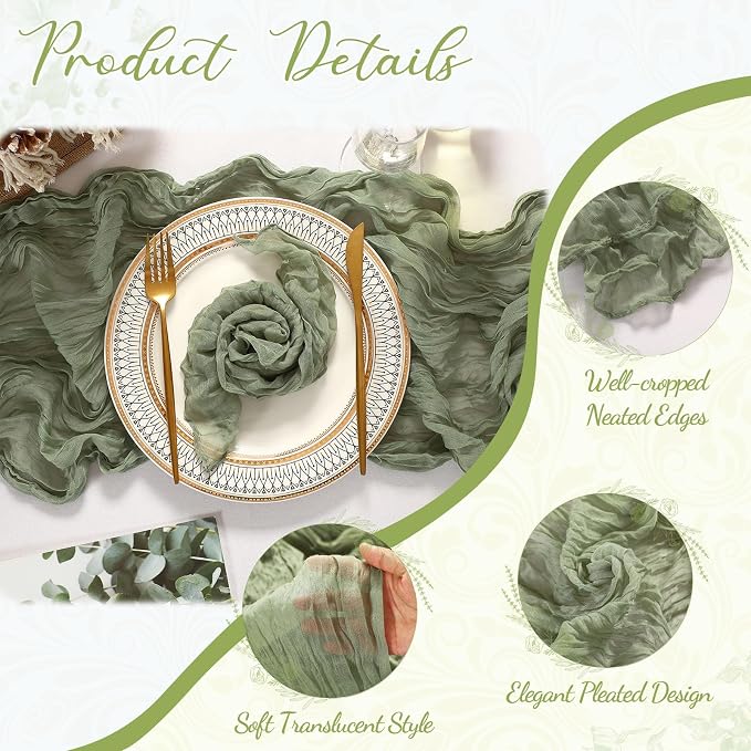 2 Cheesecloth Table Runners and 24 Napkins Set, 10Ft Boho Cheese Cloth Table Runners 20 x 20 Inch Rustic Wrinkled Gauze Napkins for Wedding Birthday Baby Shower Party Decor (Red, Sage Green) - Image 3