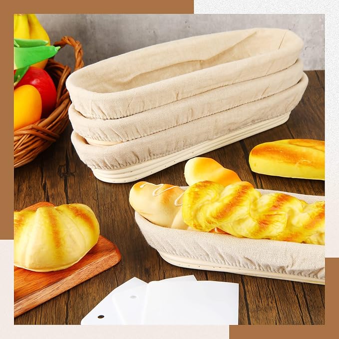 4 Pieces 13.8 Inch Banneton Bread Proofing Basket Oval Long Bread Proofing Basket Banneton Basket Dough Proofing Basket with Liners and Scatters for Home Sourdough Bread Baking - Image 3