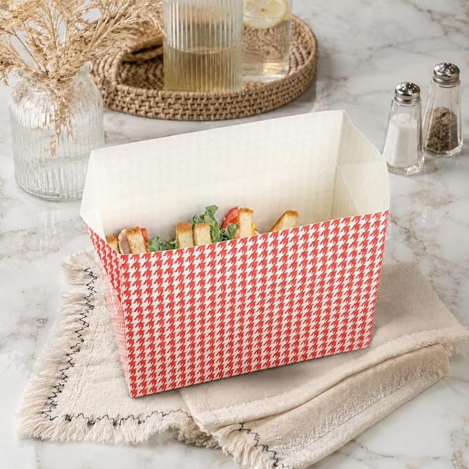 Restaurantware Bio Tek 80 Ounce To Go Boxes 400 Rectangle Take Out Food Containers - Fast Top Closure Disposable Red Houndstooth Paper Carry Out Containers For Burgers Or Fried Chicken - Image 3