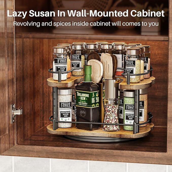 Lazy Susan Organizer Spice Rack - Spice Organization for Cabinet Height Adjustable Rotating Lazy Turntable, Pantry Kitchen Wood Revolving Seasoning Organizer (Vintage, 12 Inch) - Image 7