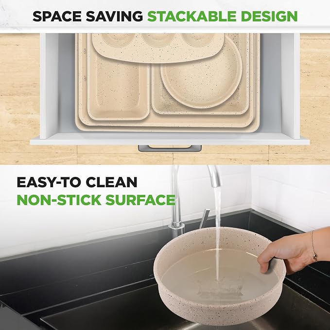 NutriChef 8-Piece Stackable Bakeware Set | Carbon Steel Non-Stick Baking Pan Set | Includes Sheet, Muffin, Round, Loaf, Square Cake & Deep Pans | No PFOA & PFOS | Oven Safe to 450 F | Marble Cream - Image 5