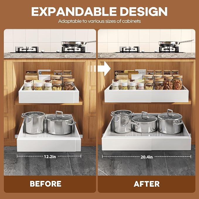 Seinloes 1 Pack Expandable Pull Out Cabinet Organizer 21" Deep with Raising Pad for Framed Cabinets,Upgrade 3 Slide Rails Slide Out Drawers,Roll Out Shelves Adhesive,Adjustable Width 12.05"-20.4"White - Image 3