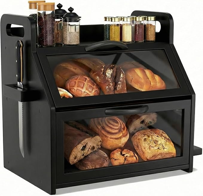 BAMBANG Bread Box for Kitchen Countertop, Extra Large Double Layer Bamboo Breadbox with Clear Window, Farmhouse Wooden Bread Storage Container for Homemade Bread, Knife & Cutting Board Holder, Black by BAMBANG