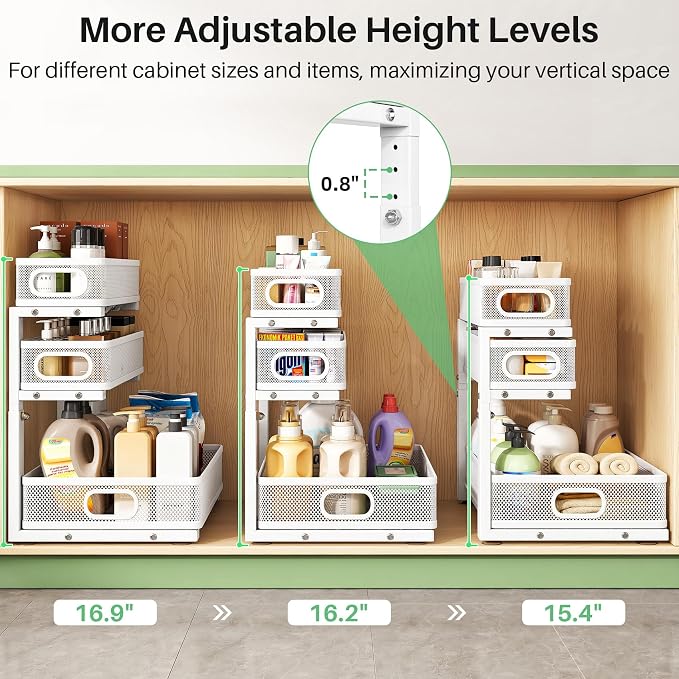 Kitstorack Under Sink Organizer, 1-Pack 3-Tier Height Adjustable Thickened Metal Pull out Cabinet Organizer Shelf, Slide out Storage Drawer Rack for Bathroom Kitchen Pantry Home Laundry Organization - Image 9