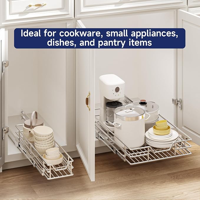 Pull Out Cabinet Organizer, 9" W x 21.5" D, Heavy Duty Chrome Slide Out Shelf for Narrow Base Cabinets, Sliding Wire Basket Drawer for Spices, Bottles, Snacks & Cleaning Supplies - Image 7