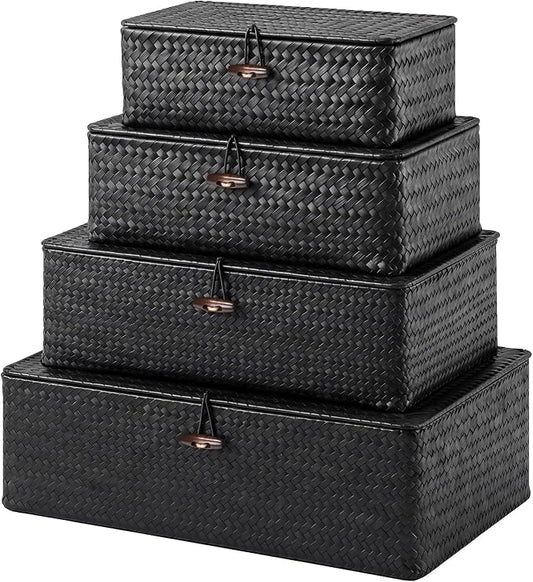 Woanger Set of 4 Wicker Baskets with Lids, Nautral Seagrass Storage Baskets, Woven Rectangular Basket Bins, Rattan Storage Organizer for Shelf Closet Bedroom(Black) by Woanger