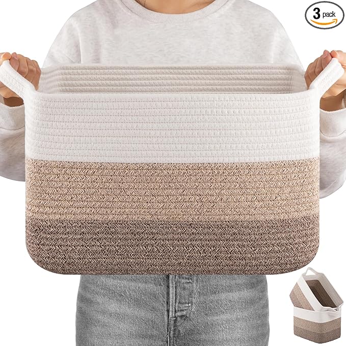 OIAHOMY Woven Storage Basket, Cotton Rope Baskets for Toys,Towel, Clothes, Used to Bathroom,Living Room,Nursery,Bedroom, 16"x12"x10"- Pack of 3, Gradient Yellow by MasterofSpaceOptimization